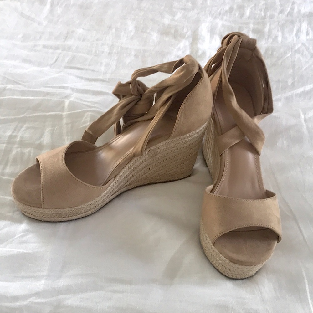 NEW open toe wedges. Nude color. Never worn.